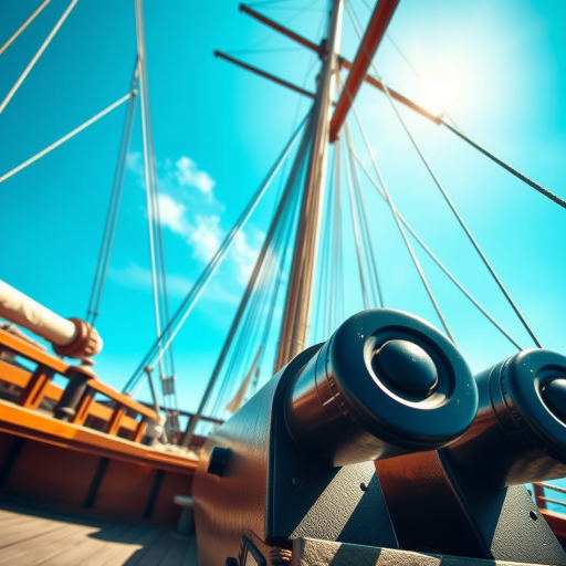 Capture a detailed close-up of the deck of a tall ship featuring the cannon and rigging against a bright blue sky, using a DSLR camera with a 50mm lens, aperture set to f/2.8, ISO 100, and a shutter speed of 1/200s.