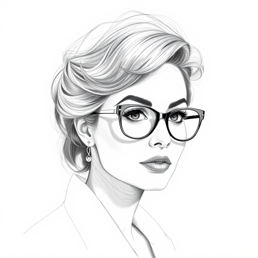 Beautiful Sophia Loren, pencil sketch, portrait of beautiful woman 60s in glasses, hair style beatnik, outline, clear lines, fine lines, 8k