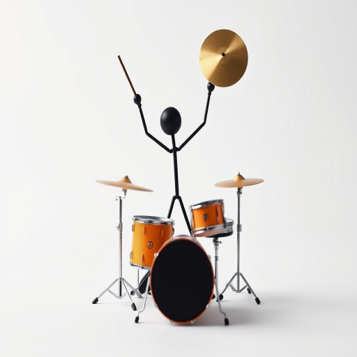Create an image of a stick figure drummer with arms raised holding cymbals, capturing dynamic motion, use a DSLR camera with a 50mm lens, aperture f/1.8, and ISO 200, with a shallow depth of field and vibrant colors, against a white background.