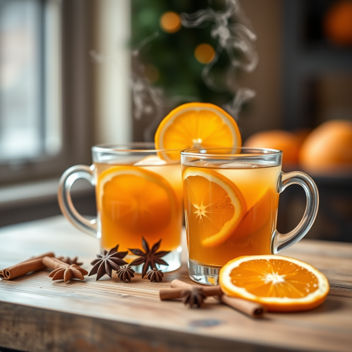 Create a cozy still life image of two glasses of steaming orange spice tea with orange slices, anise stars, and cinnamon sticks arranged on a wooden table, soft focus background, natural lighting, shot with a Canon EOS R5, 85mm lens, aperture f/1.8, ISO 200, with a warm color palette to enhance the inviting atmosphere.