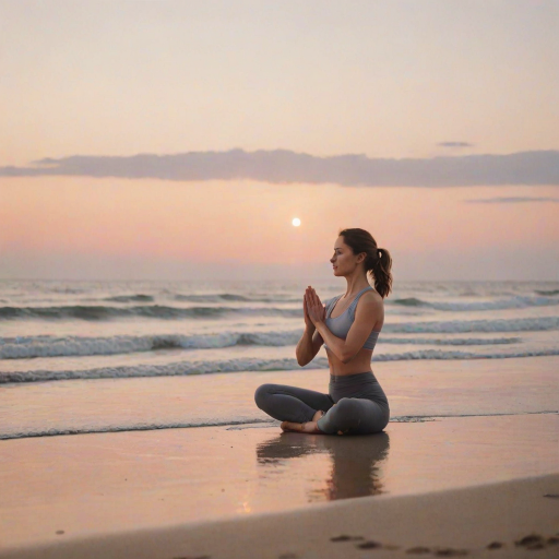 Soft-focus image of a serene yoga session on a beach at sunrise, with a lone practitioner in a meditative pose, soft waves lapping at the shore and pastel skies overhead.
