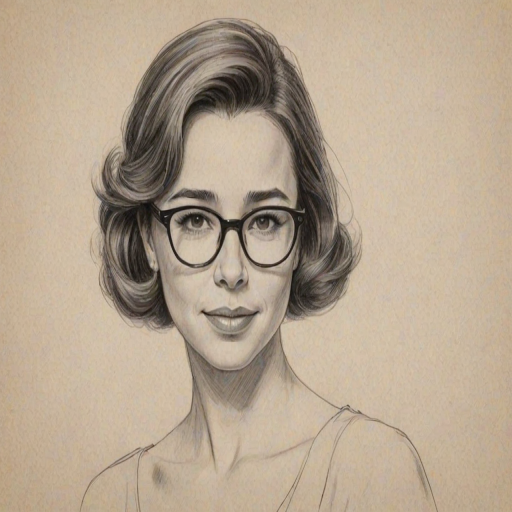 Magnificent Linda Cardellini, pencil sketch, portrait of Graceful woman 1951s in glasses, hair style beatnik, outline, clear lines, fine lines, 8k