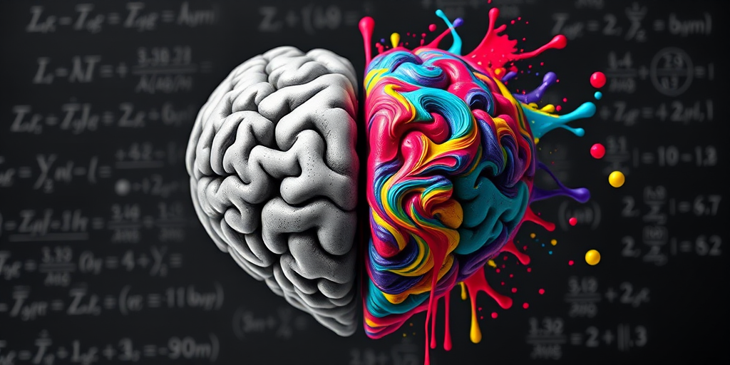 Create an image of a heart shape divided into two halves, one half featuring a realistic black and white brain, and the other half showcasing a vibrant, colorful brain with swirling patterns and splashes of paint, incorporating mathematical equations in the background, shot with a Canon EOS 5D Mark IV, 50mm lens, f/1.8, ISO 100, natural lighting for enhanced detail and vivid color contrast.