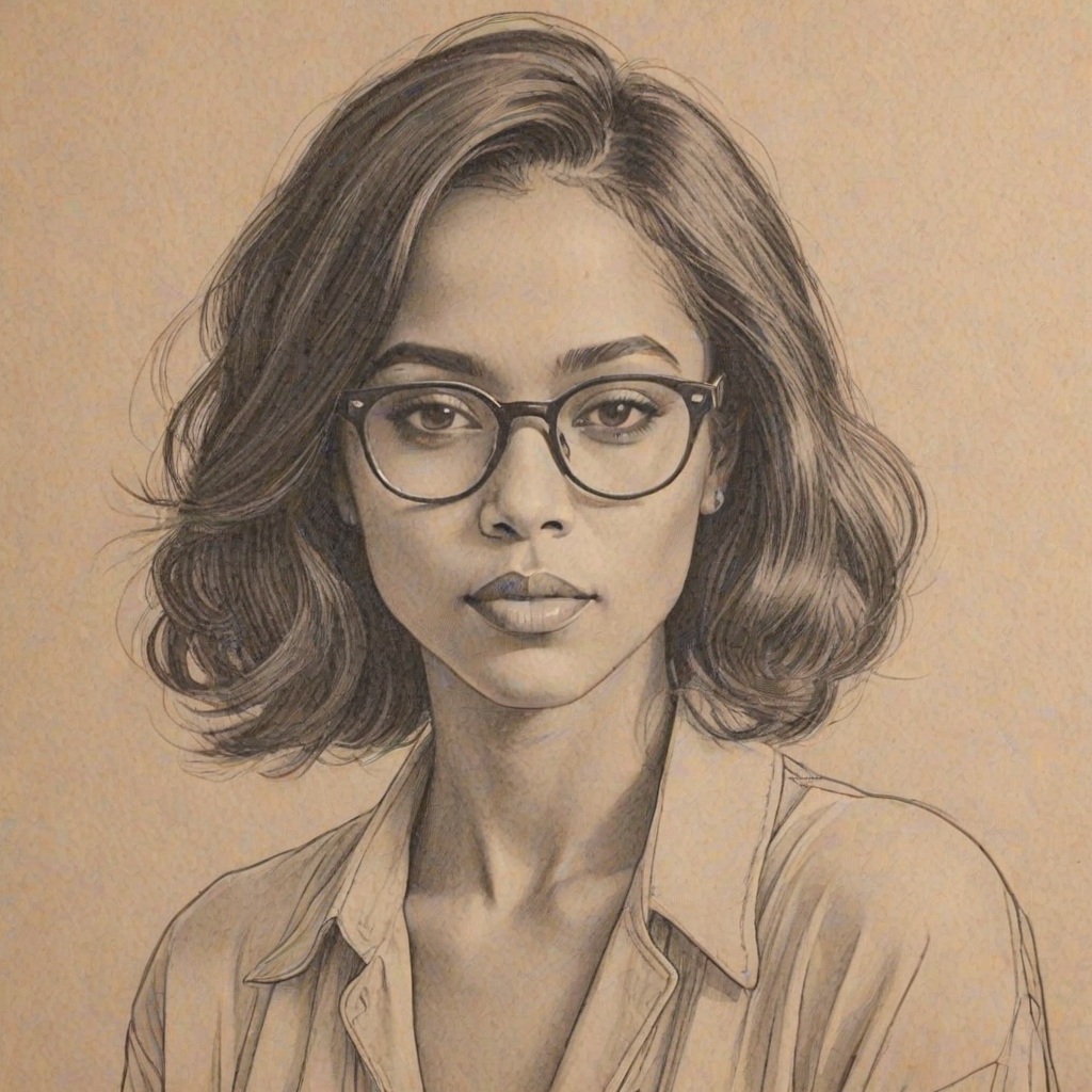 Fetching Aaliyah, pencil sketch, portrait of Exquisite woman 1925s in glasses, hair style beatnik, outline, clear lines, fine lines, 8k