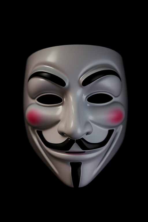 Create an image of a Guy Fawkes mask on a black background, using a DSLR camera with a 50mm lens, aperture set to f/1.8, ISO 100, and a soft focus effect to enhance details and contrast.