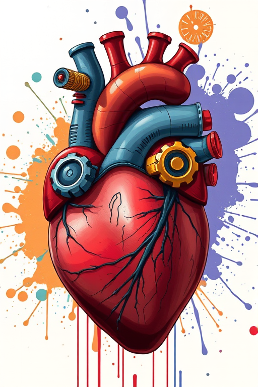 Create a detailed illustration of a stylized anatomical heart with mechanical elements, vibrant colors, and a splatter effect in the background, using a DSLR camera, 50mm lens, f/1.8 aperture, ISO 100, and natural lighting to enhance clarity and depth.