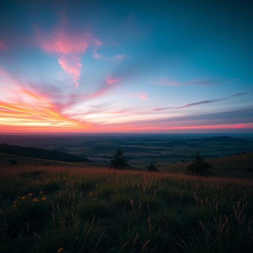 Create a high-resolution image of a serene landscape at sunset with vibrant colors, using a Canon EOS R5 camera, 50mm lens, aperture f/1.8, ISO 100, and a wide-angle perspective.