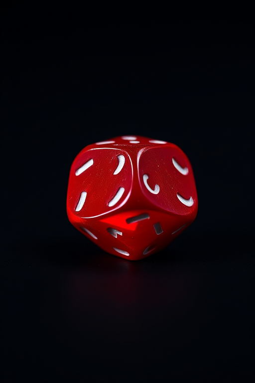 Create an image of a red twenty-sided die, focused view, high resolution, using a DSLR camera with a 50mm lens, f/2.8 aperture, ISO 100, and soft diffused lighting.