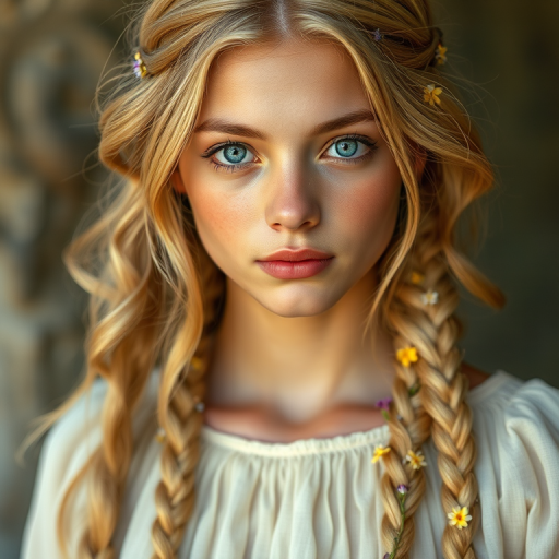 Create an image of a young Amhara woman with long, wavy blonde hair, adorned with small, colorful flowers woven into her braids and loose strands. Her complexion is fair, with soft, glowing skin, and she has light blue eyes that gaze softly at the viewer. She wears a light, flowing dress with a gentle, ethereal quality, complementing her delicate and serene appearance. The background is slightly blurred, drawing focus to her tranquil expression and the intricate details of the flowers in her hair. The overall mood of the image is one of natural beauty and grace, evoking a sense of peacefulness and connection with nature.