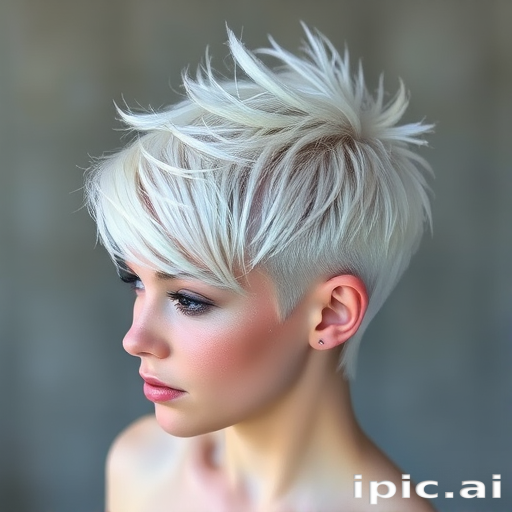 Icy blonde pixie cut with platinum highlights and a textured, spiky crown, accented by a dusting of iridescent glitter for a magical "Frost Sprite" look