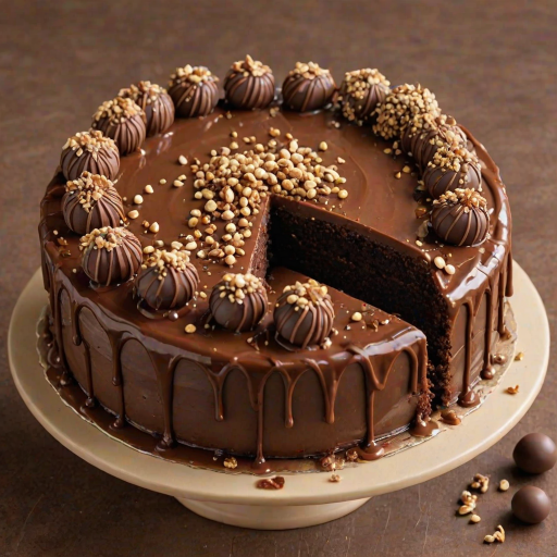 Generate an image of a chocolate cake with a smooth caramel frosting. The cake should have a glossy chocolate ganache dripping down the sides. Atop the cake, place decorative swirls of chocolate icing and several round chocolate truffles coated in crushed nuts. Surround the base of the cake with a sprinkle of crushed nuts for added texture. The background should be simple and neutral to highlight the cake.