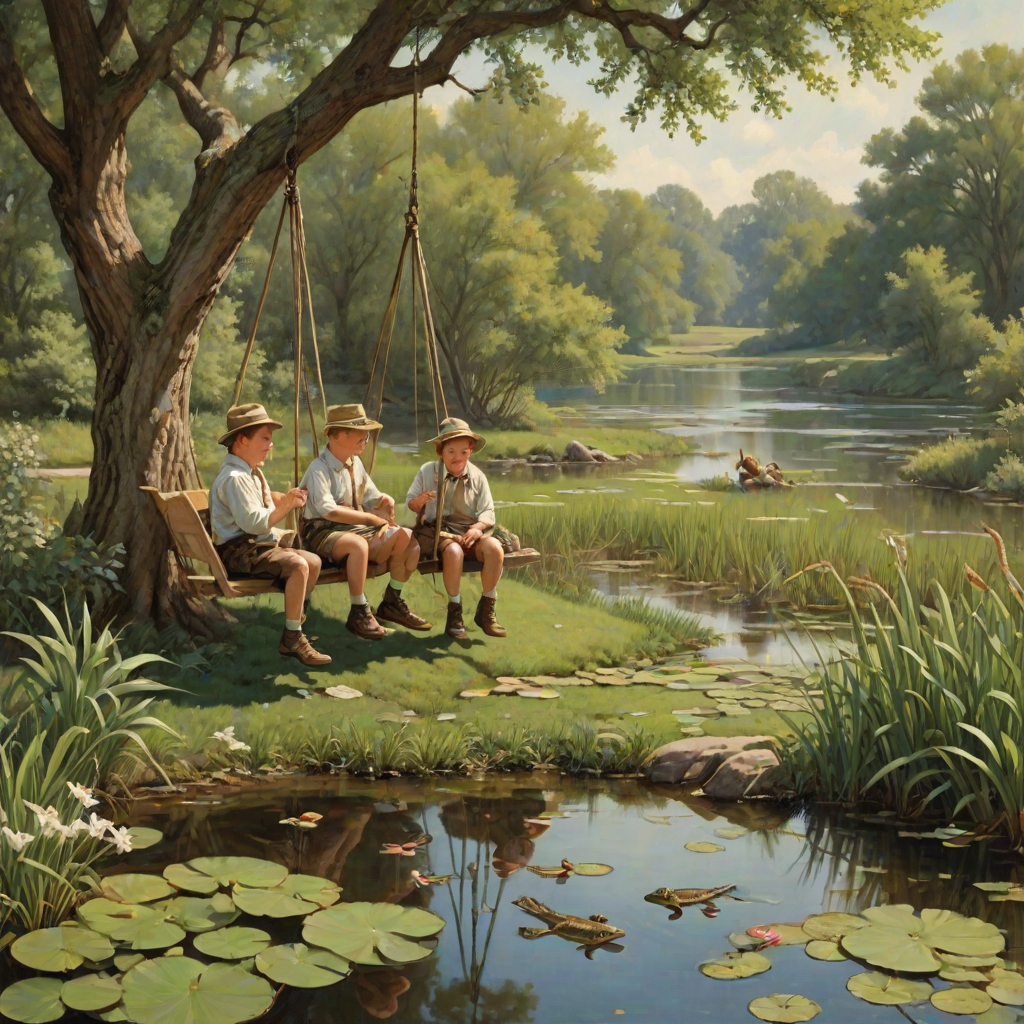 Imagine a small group of old fashioned young boys out fishing by the creek, a swing hanging from a tree branch, reeds and grasses by the water's edge, a frog sitting on a lily pad, dragonflies hovering over som water plans, a very iconic old fashioned scene reminiscent of a Norman Rockwell painting style