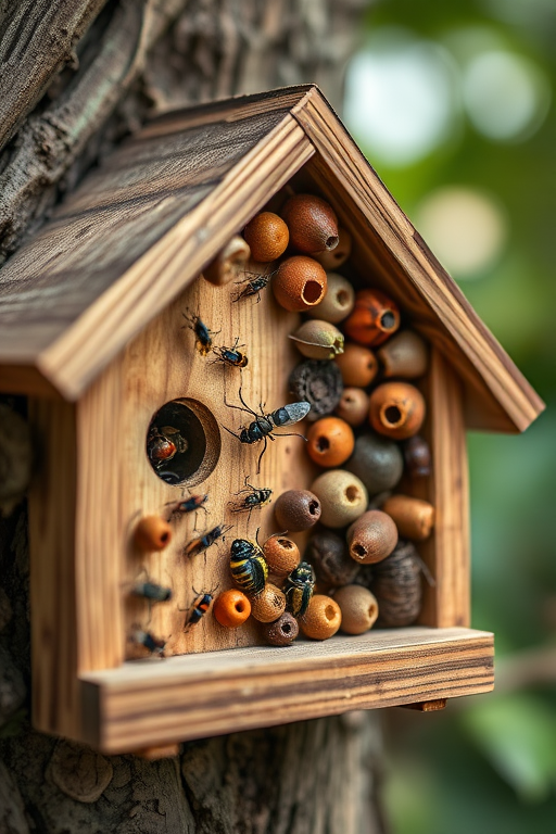 capture a detailed close-up of a wooden insect hotel made from various natural materials, with shallow depth of field, using a Canon EOS R5, 85mm f/1.2 lens, f/2.8 aperture, ISO 100, natural light, and vibrant colors to enhance textures and details