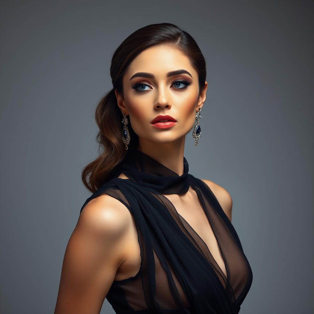 Studio portrait, female model, elegant couture dress, bold makeup, dramatic lighting, Shoot over the shoulder using a telephoto lens to focus on small details like jewelry, makeup, or fabric textures