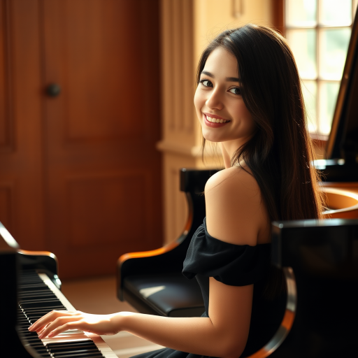 A young woman with long, dark hair smiles at the viewer as she sits at a grand piano, her right hand poised over the keys. The scene is lit by warm, natural light, highlighting the elegant simplicity of the woman's black dress. The perspective is from the side, emphasizing the contrast between the woman's delicate form and the grand scale of the piano. The ivory keys and dark wood of the piano create a striking visual contrast, further emphasized by the rich black of her dress.