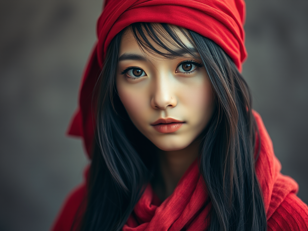 Create a portrait of a young Korean woman with long, dark hair and captivating hazel eyes. She is wearing a red headscarf and a matching scarf draped gracefully around her neck. The background is softly blurred, focusing attention on her serene and natural expression. The overall color palette is muted and warm, enhancing the intimate and authentic feel of the portrait.