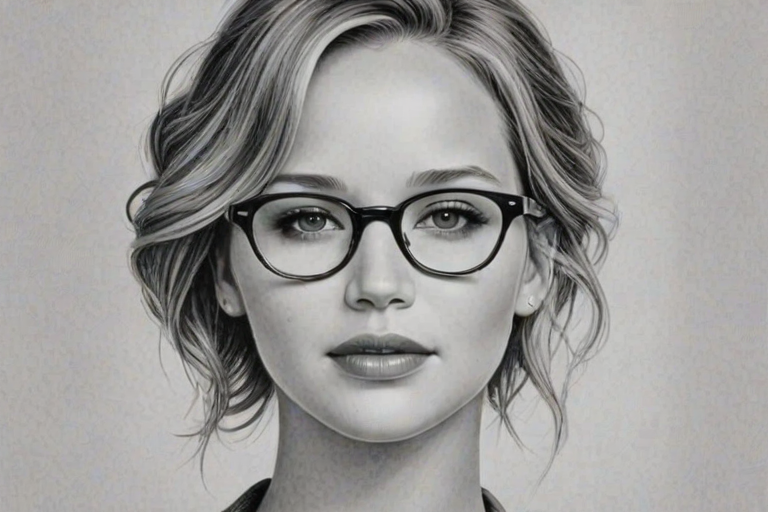 Delightful Jennifer Lawrence, pencil sketch, portrait of Stunning woman 1953s in glasses, hair style beatnik, outline, clear lines, fine lines, 8k