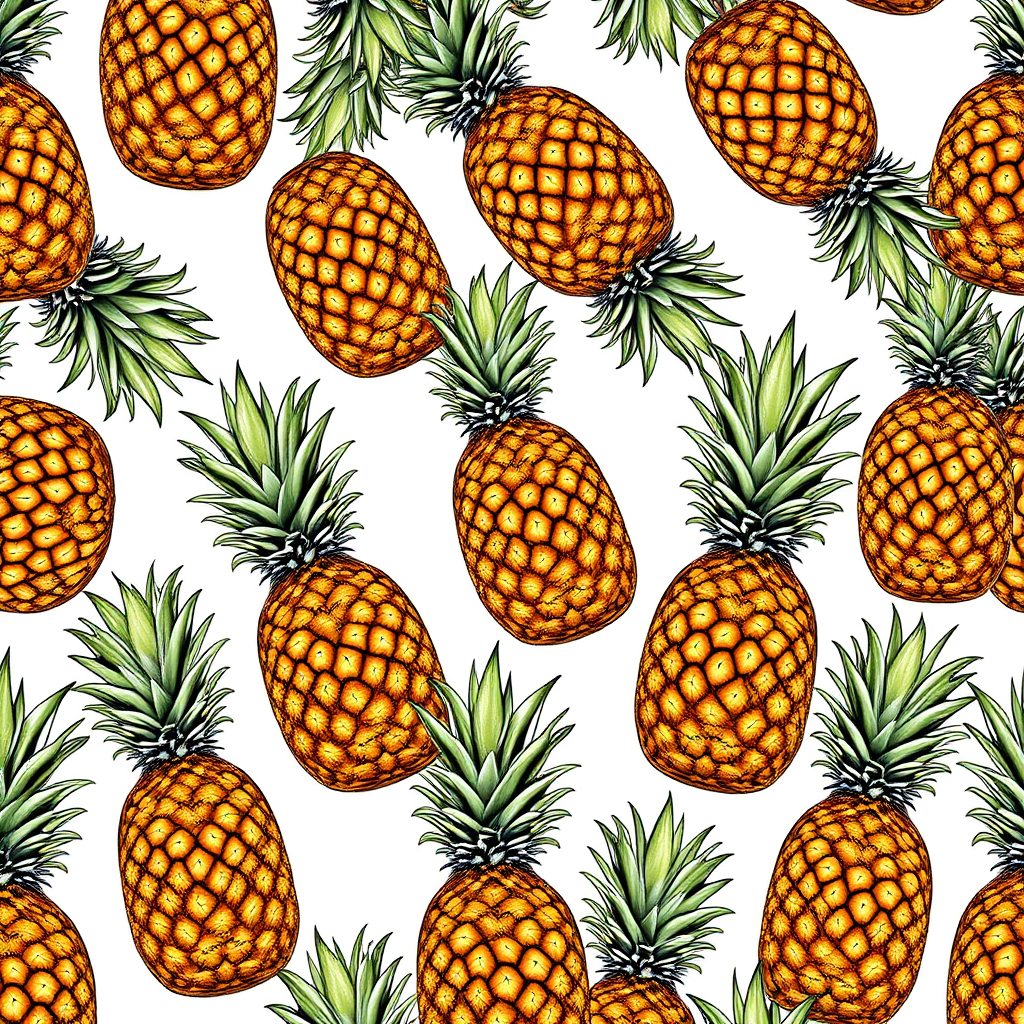Create a detailed illustration of pineapples in a repeating pattern on a white background, using a high-quality digital drawing technique, with a focus on sharp lines and shading, shot with a Canon EOS R5 camera using a 50mm f/1.2 lens, aperture set to f/8 for depth of field, at a resolution of 300 dpi.