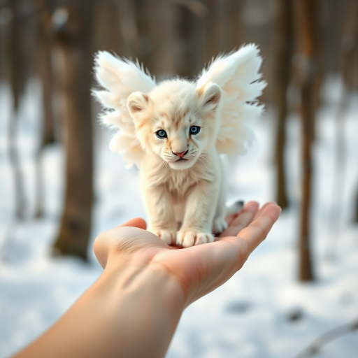 A small, white lion cub with angelic wings standing on a human hand. The cub has a soft, fluffy texture with detailed fur, expressive blue eyes, and a curious expression. The wings are large and feathery, blending seamlessly with its fur, giving an ethereal appearance. The background is a winter forest, with the ground covered in snow and blurred brown trees, creating a serene atmosphere. The human hand in the foreground is positioned palm-up, supporting the lion cub gently, fingers slightly curled. The lighting is soft and diffused, enhancing the tender and magical feel of the scene. Colors are predominantly neutral with white, cream, and soft browns, contrasting with the subtle blue of the lion cub's eyes. The overall composition is balanced, with the cub at the center, creating a focal point that draws the viewer's attention immediately.