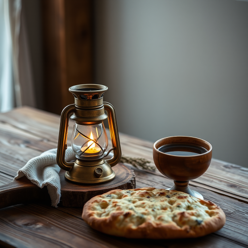 create a still life composition featuring a lit oil lamp and a wooden wine glass on a textured wooden table with a piece of flatbread, use a DSLR camera with a 50mm lens, aperture set to f/1.8 for shallow depth of field, ISO 200 for low noise, natural light emphasizing the warm glow of the flame and soft shadows for dramatic effect