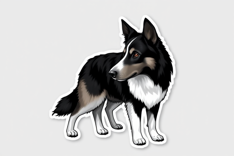 create sticker, 3D black and white caucasian shepherd dog, grey background