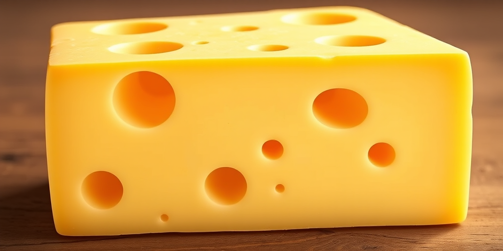 high-resolution illustration of a block of Swiss cheese with visible holes, close-up view, soft lighting for smooth texture, Studio camera settings f/8, ISO 100, 50mm lens, vibrant colors and a slight 3D effect for depth