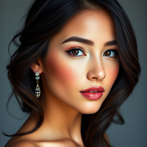 Create an elegant portrait of a young woman with long wavy dark hair and captivating brown eyes wearing subtle makeup and sparkling earrings against a soft gradient background.