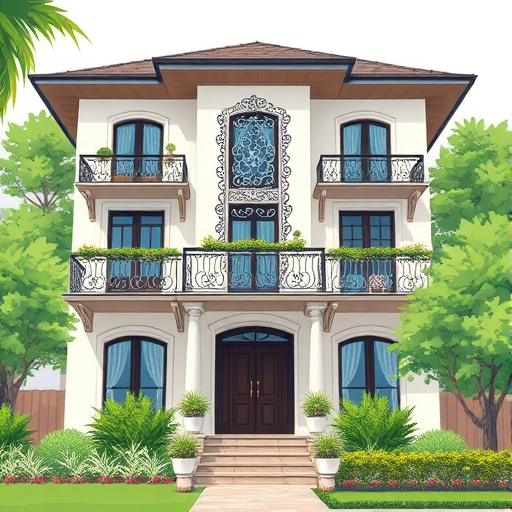 Regenerate a modern house illustration with intricate ironwork on balconies, lush green plants, and a decorative front yard, captured in a wide-angle view, using a DSLR camera at f/8, ISO 100, and a shutter speed of 1/250s for sharpness and detail.
