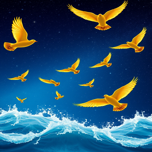 create a vibrant digital artwork featuring a series of golden birds flying against a deep blue starry sky, with abstract white waves in the foreground, shot with a DSLR camera at f/1.8 aperture, ISO 100, 24mm focal length, in a wide-angle view with enhanced color saturation and clarity.