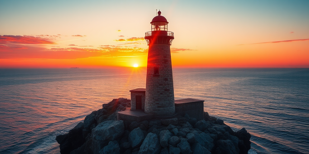 Generate an image of a tall lighthouse perched on a rocky outcrop surrounded by calm ocean waters during a breathtaking sunset. The lighthouse stands sturdy and weathered, its stone surface illuminated by the warm golden light of the setting sun. The sun's rays pass directly through the glass lantern room at the top of the lighthouse, casting a brilliant light across the scene. The sky is painted with vibrant shades of orange, pink, and purple, reflecting off the tranquil sea. The surrounding water shimmers with the same warm hues, creating a serene and majestic atmosphere.