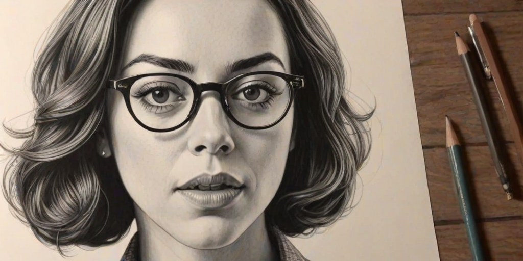 Gorgeous Aubrey Plaza, pencil sketch, portrait of Bewitching woman 1935s in glasses, hair style beatnik, outline, clear lines, fine lines, 8k