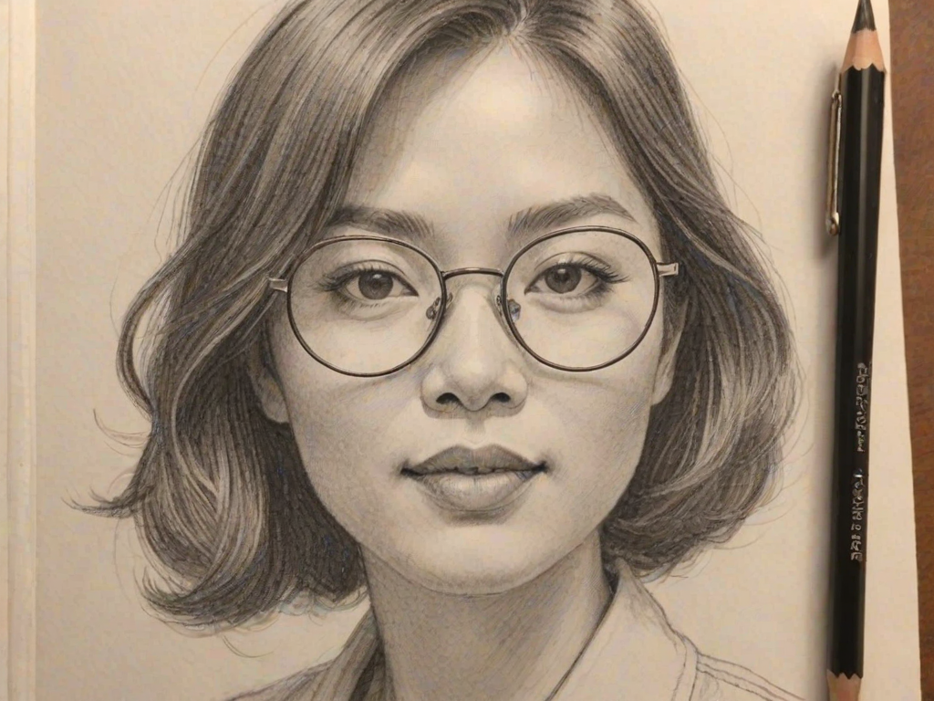 Charming Cathy Ang, pencil sketch, portrait of Wonderful woman 1921s in glasses, hair style beatnik, outline, clear lines, fine lines, 8k