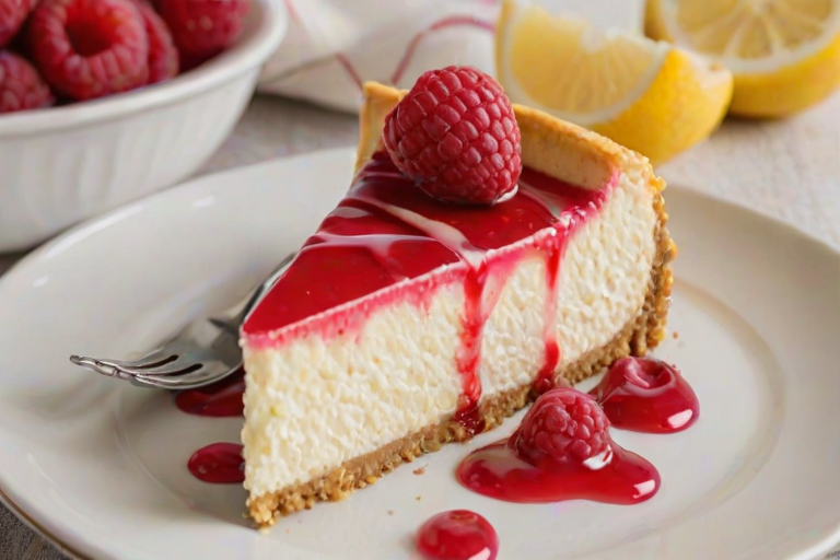 Generate an image of a vibrant dessert that features a creamy lemon cheesecake with swirls of raspberry sauce. The cheesecake should have a graham cracker crust, be topped with fluffy whipped cream, and adorned with fresh raspberries and a slice of lemon. The presentation should be on a white plate with a fork beside it.