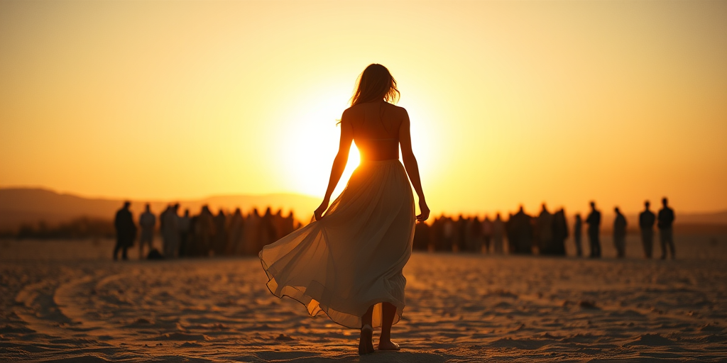 desert landscape at sunset with a silhouetted woman in a flowing dress standing before a crowd of figures, backlit by the golden sun, harsh shadows, and soft focus, shot with a Canon EOS R5, 24mm lens, aperture f/8, ISO 100, shutter speed 1/250 sec, wide angle view, cinematic style