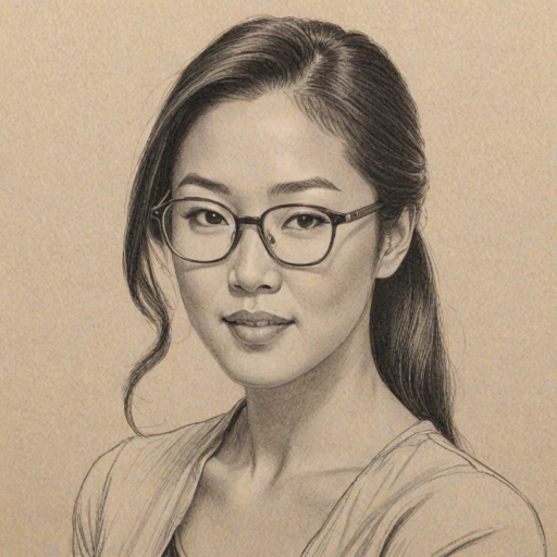 Gorgeous Michelle Kwan, pencil sketch, portrait of Delightful woman 1957s in glasses, hair style beatnik, outline, clear lines, fine lines, 8k