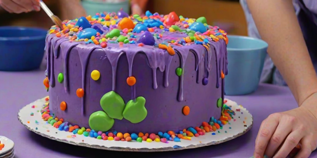 Create an image of a colorful cake being decorated. The cake should have a vibrant purple frosting with a glossy blue glaze dripping down the sides. The base should be adorned with a variety of colorful sprinkles and edible decorations. The setting should be bright and cheerful, emphasizing the fun of cake decorating.