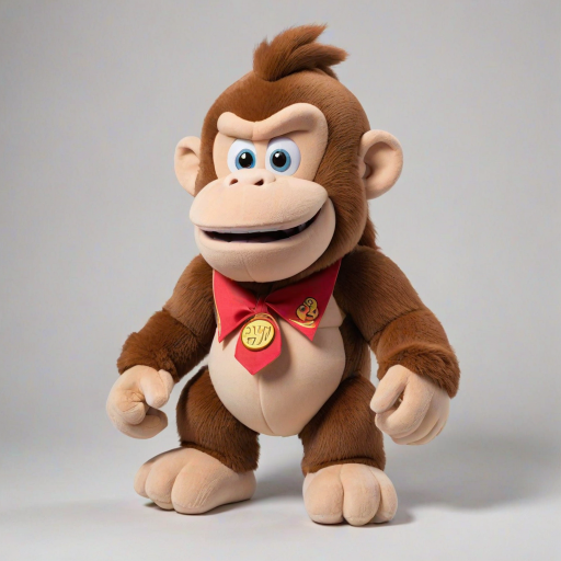 Donkey Kong children's version of an adorable and cute cotton plush with a full body on a white background. A good front pose is visible with extreme quality and every detail. The image features good lighting, a well-chosen color palette, and a 3D appearance.