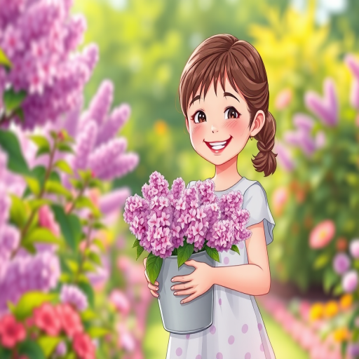 Create an illustration of a cheerful young girl holding a bucket of lilacs in a vibrant garden setting, shallow depth of field, natural light, 50mm lens, digital artwork, high-resolution, 300 DPI.
