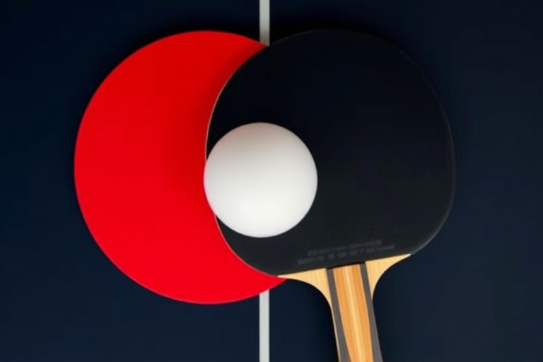 Create a high-resolution, flat lay image of two ping pong paddles, one red and one black, crossed over each other with a white ping pong ball in between them, using a DSLR camera with a 50mm lens, aperture set to f/2.8, ISO 100, at a low angle view for sharp focus and vibrant colors.