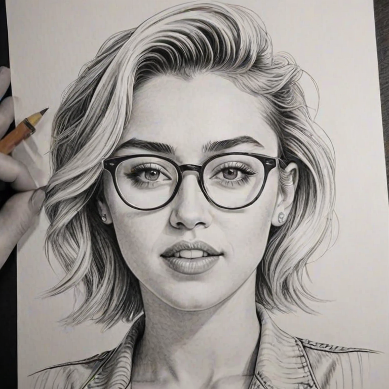 Radiant Miley Cyrus, pencil sketch, portrait of Magnificent woman 1943s in glasses, hair style beatnik, outline, clear lines, fine lines, 8k