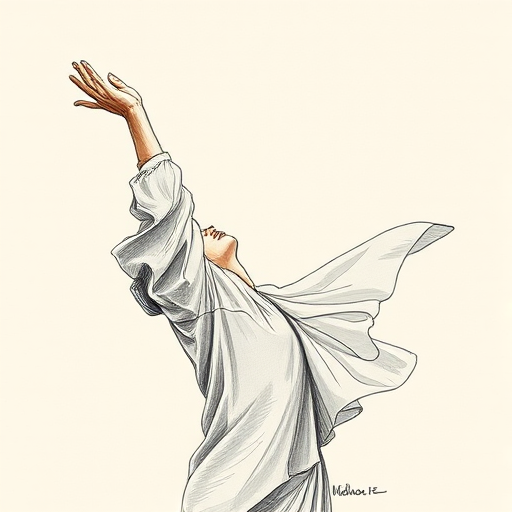 Create a dynamic sketch of a figure in a flowing garment reaching upward, set against a neutral background, captured with a Canon EOS R5 at 50mm, f/1.8 aperture, ISO 100, and a soft focus to enhance details and texture in the fabric while maintaining a warm color palette.