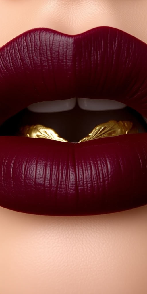 Matte burgundy lips with a velvety texture, named "Midnight Wine," showcasing intricate gold leaf accents along the cupid's bow for added drama