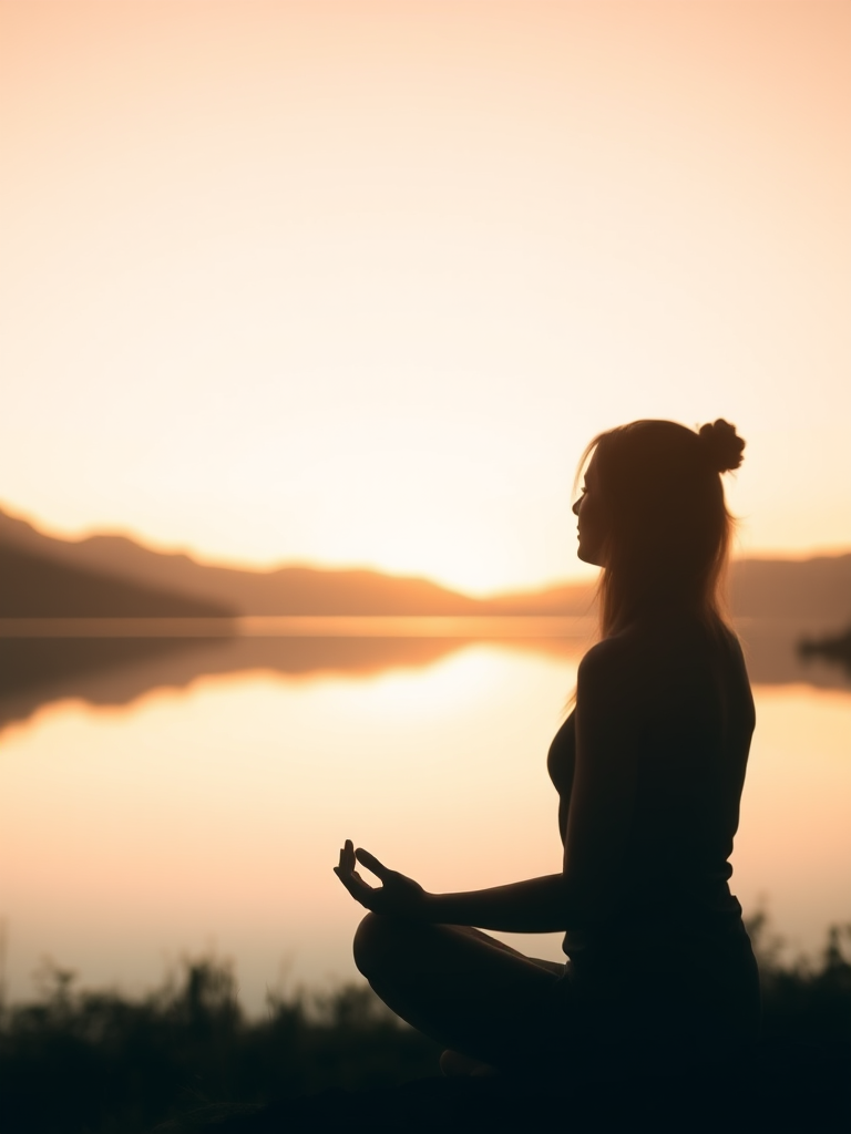 Soft-focus image of a woman meditating by a lake at sunrise, her silhouette reflected in the calm water, with distant mountains barely visible under a soft golden sky.