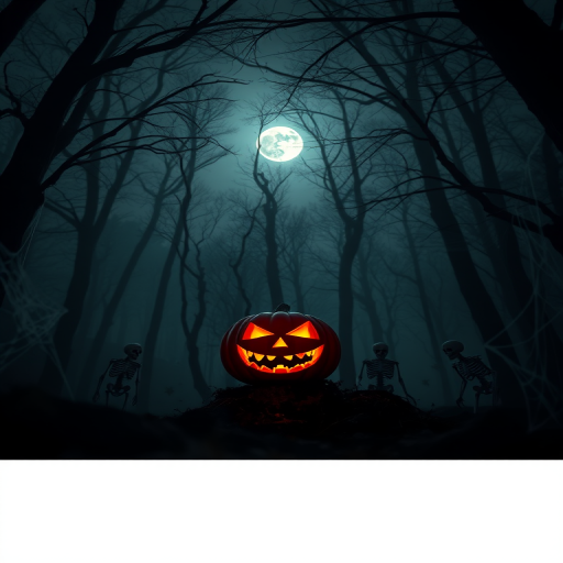 Haunting Halloween scene with a glowing jack-o'-lantern in a misty forest, skeletons wandering among cobwebs, full moon casting an eerie light, captured with a Canon EOS R5, 50mm lens, f/1.8, ISO 100, 1/50s shutter speed, low-angle view, soft-focus style, emphasizing depth and atmosphere.