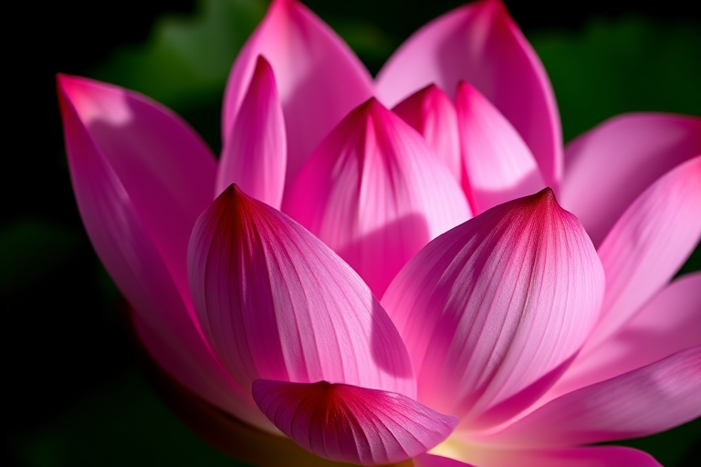 a close-up of a vibrant pink lotus flower with delicate petals, surrounded by green leaves, softly illuminated in a dark background