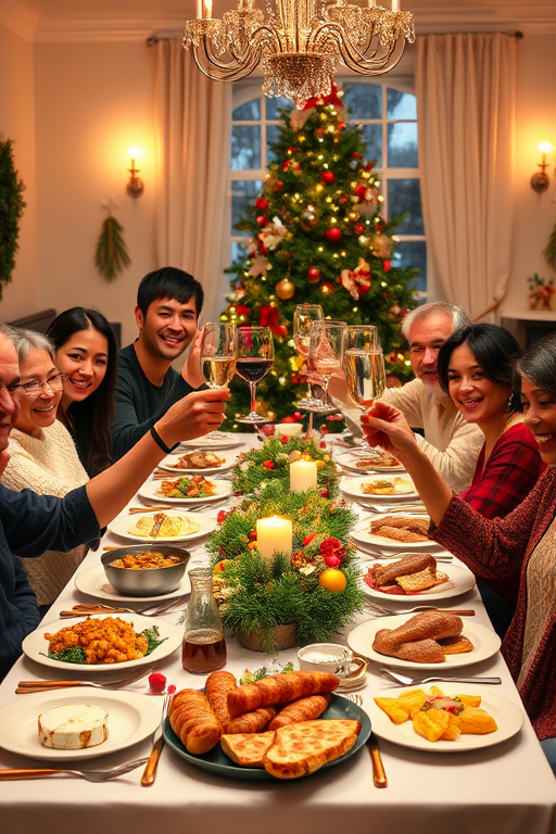 Create an image of a festive holiday dinner scene featuring a diverse group of people gathered around a beautifully set table. They are smiling and raising glasses in a toast, surrounded by a variety of delicious dishes and decorations. The setting should have warm lighting, a decorated Christmas tree in the background, and a cozy atmosphere that captures the spirit of celebration and togetherness.