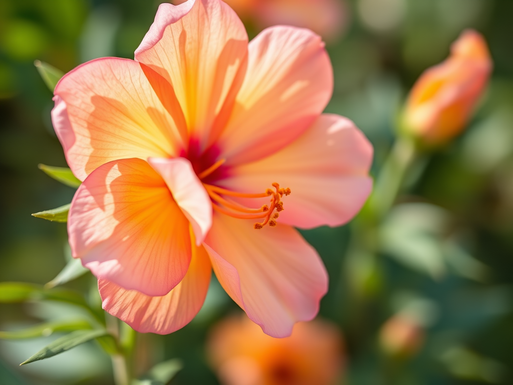 A vibrant watercolor painting of a pink and yellow flower with delicate petals and green leaves, captured in soft natural light with a shallow depth of field, using a Canon EOS R5 with a 50mm f/1.2 lens at ISO 100, aperture f/2.8, and a shutter speed of 1/200s.