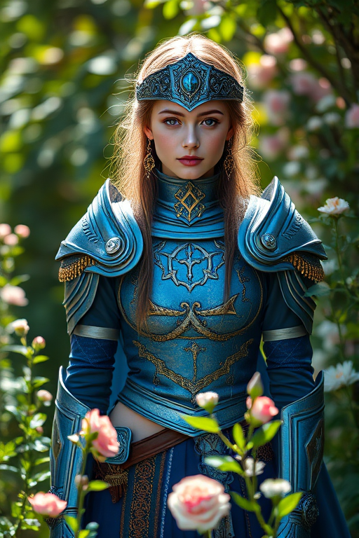 Regenerate a fantasy portrait of a young woman in ornate blue and silver armor standing amidst lush greenery and flowers, captured in soft natural lighting, using a DSLR camera with a 50mm lens, aperture set to f/1.8, ISO 100, and a shallow depth of field for a dreamy background effect.