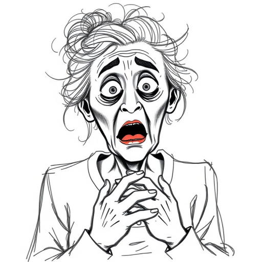 scribbly unfinished sketch, old lady with messy gray hair in a loose bun, surprised expression, mouth open, hands clasped together in front of her chest. Her eyes are wide, eyebrows are furrowed. vibe of shock or surprise.