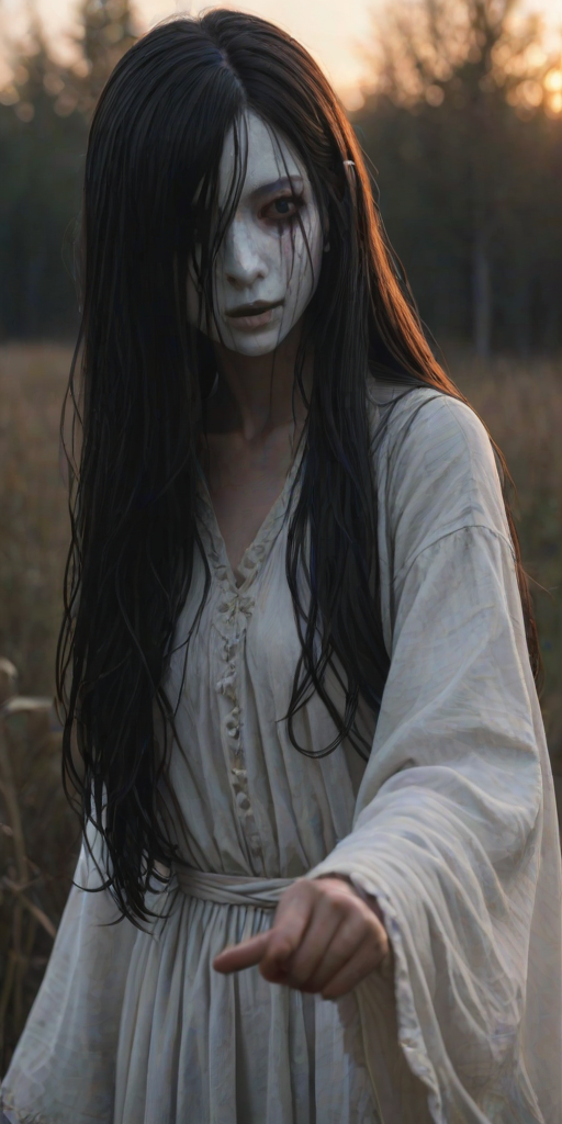 evening, sunset, natural lighting, faceless-humanoid focus, pointing, Dafaceless, long hair, black hair, no face, white_Dafaceless_cloth, 1faceless, intricately detailed illustration, depth of field, atmospheric perspective, horror (theme)